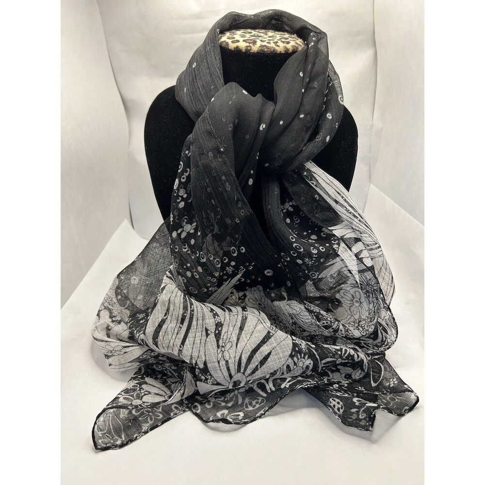 Black and White Floral Print Sheer Spring Summer Scarf 60 X 20 Inches